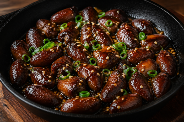 Glossy honey-soy glazed duck hearts in a cast iron skillet garnished with sesame seeds and green onions