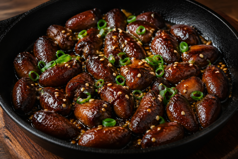 Glossy honey-soy glazed duck hearts in a cast iron skillet garnished with sesame seeds and green onions