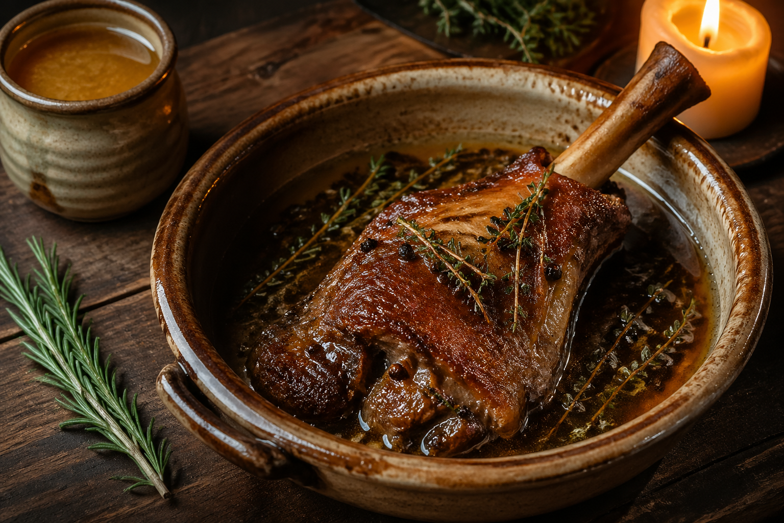 Golden-brown elk confit resting in rendered fat in a rustic ceramic dish, garnished with fresh thyme under warm amber light