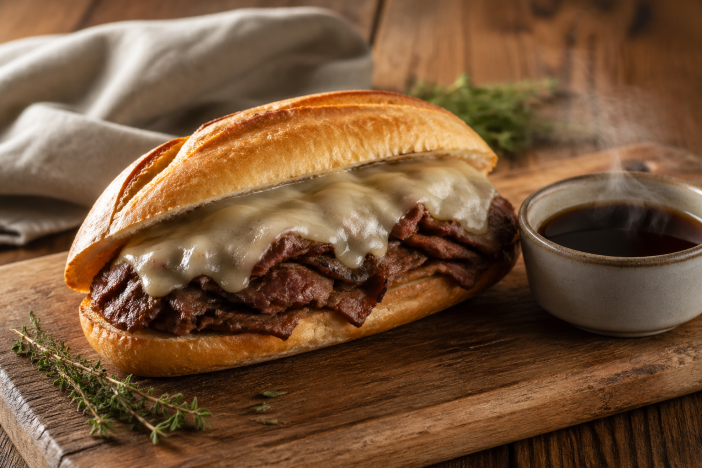 Elk French dip sandwich with melted provolone on a hoagie roll beside a ramekin of steaming au jus on a rustic wood board