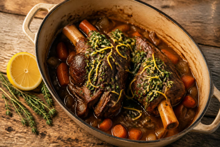Braised elk shanks in a rustic Dutch oven topped with vibrant green gremolata and lemon zest in warm golden light