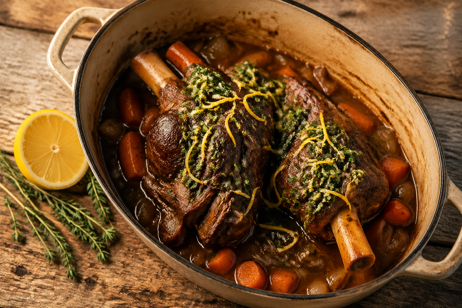 Braised elk shanks in a rustic Dutch oven topped with vibrant green gremolata and lemon zest in warm golden light