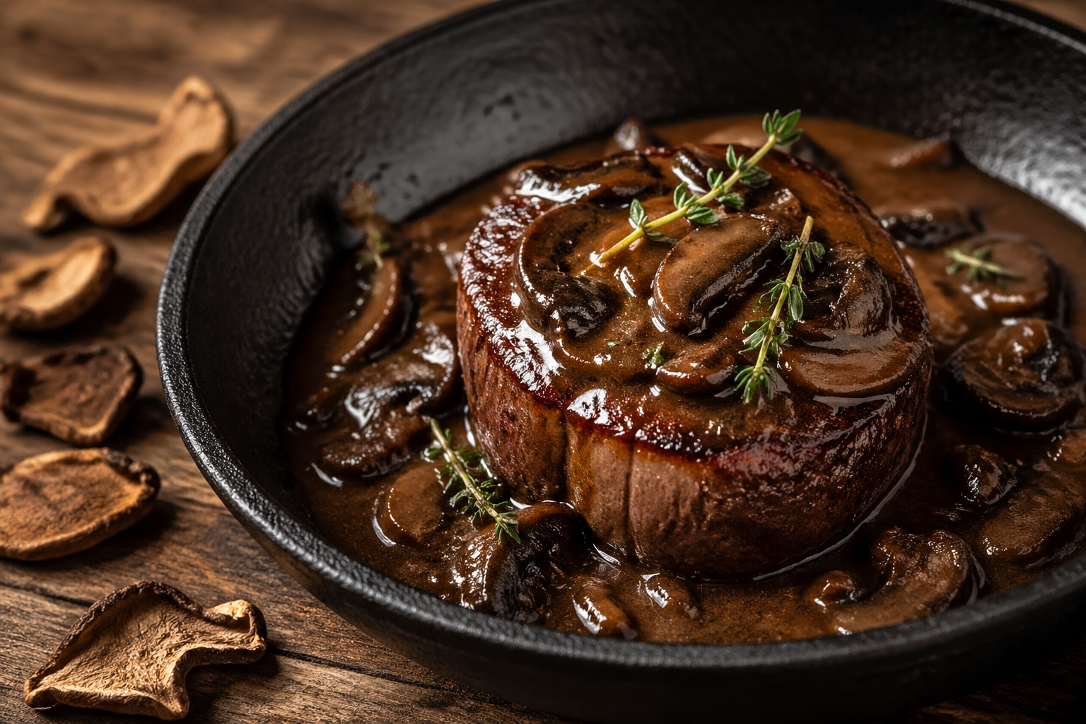 Elk Tenderloin Seared in Cast Iron with Porcini Mushroom Sauce 1 Seared elk tenderloin medallion in a cast iron skillet with glossy porcini mushroom sauce and fresh thyme