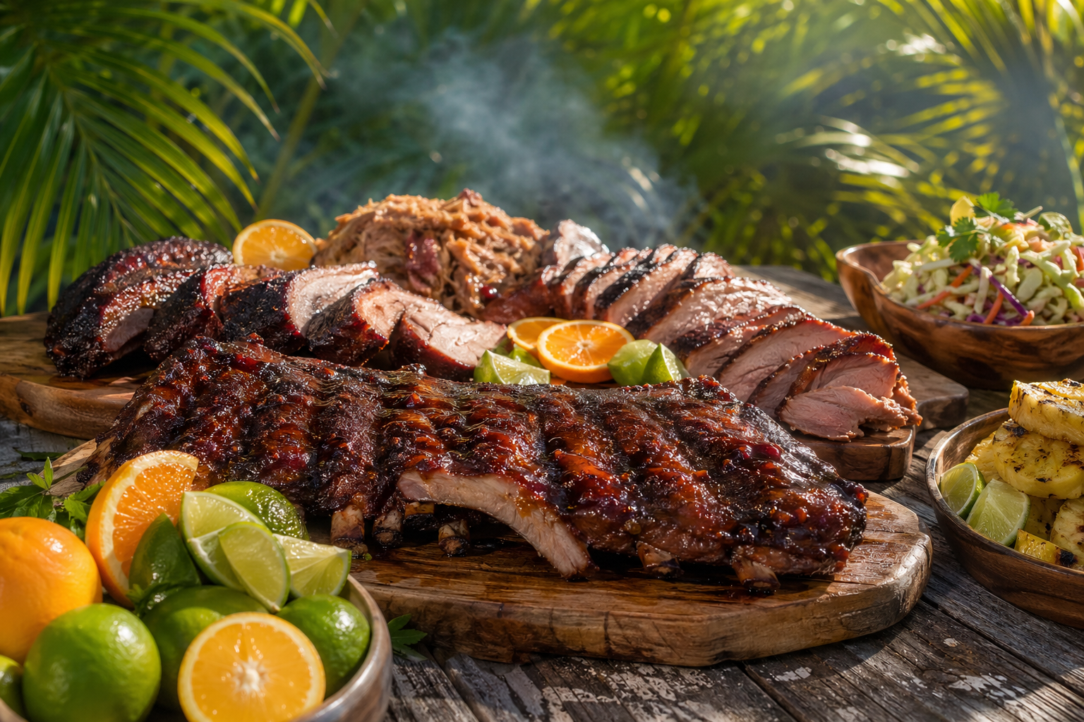 Florida BBQ: 8 Recipes Inspired by Sunshine State Smoke 1 Glazed barbecue ribs and smoked pork on a rustic wooden table with citrus garnishes and palm fronds in sunlight