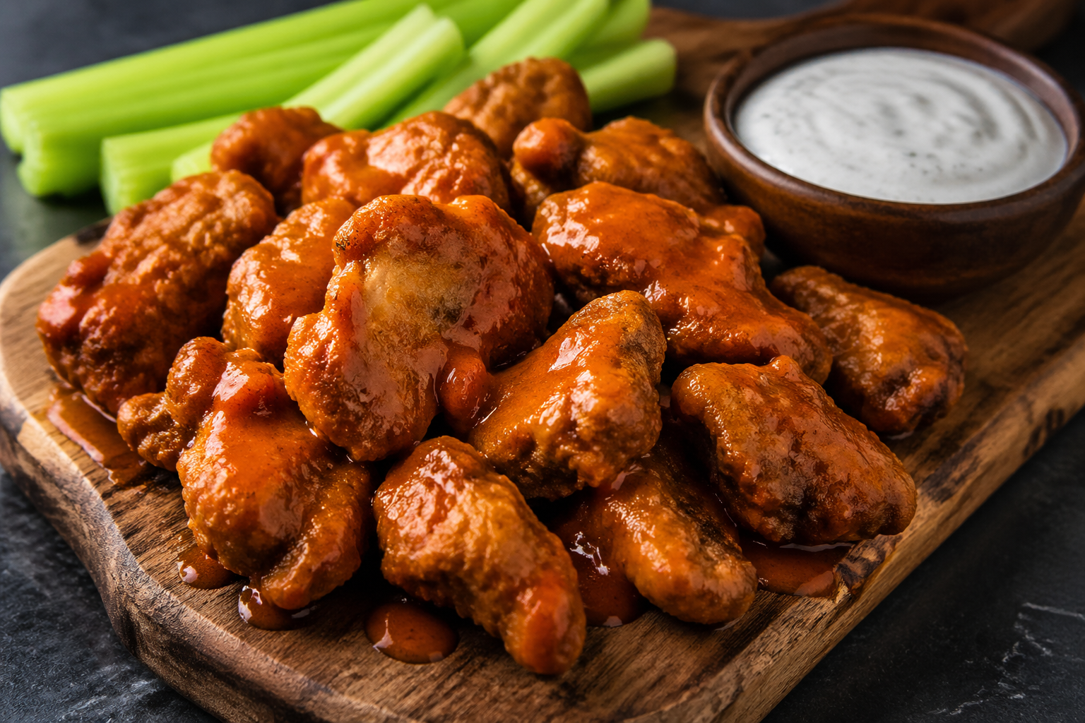 Crispy fried gizzards coated in glossy buffalo sauce served on a rustic wooden board with celery and dipping sauce