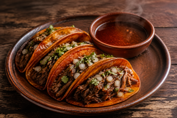Crispy red birria tacos filled with shredded goat meat served with a steaming bowl of dark chile consommé