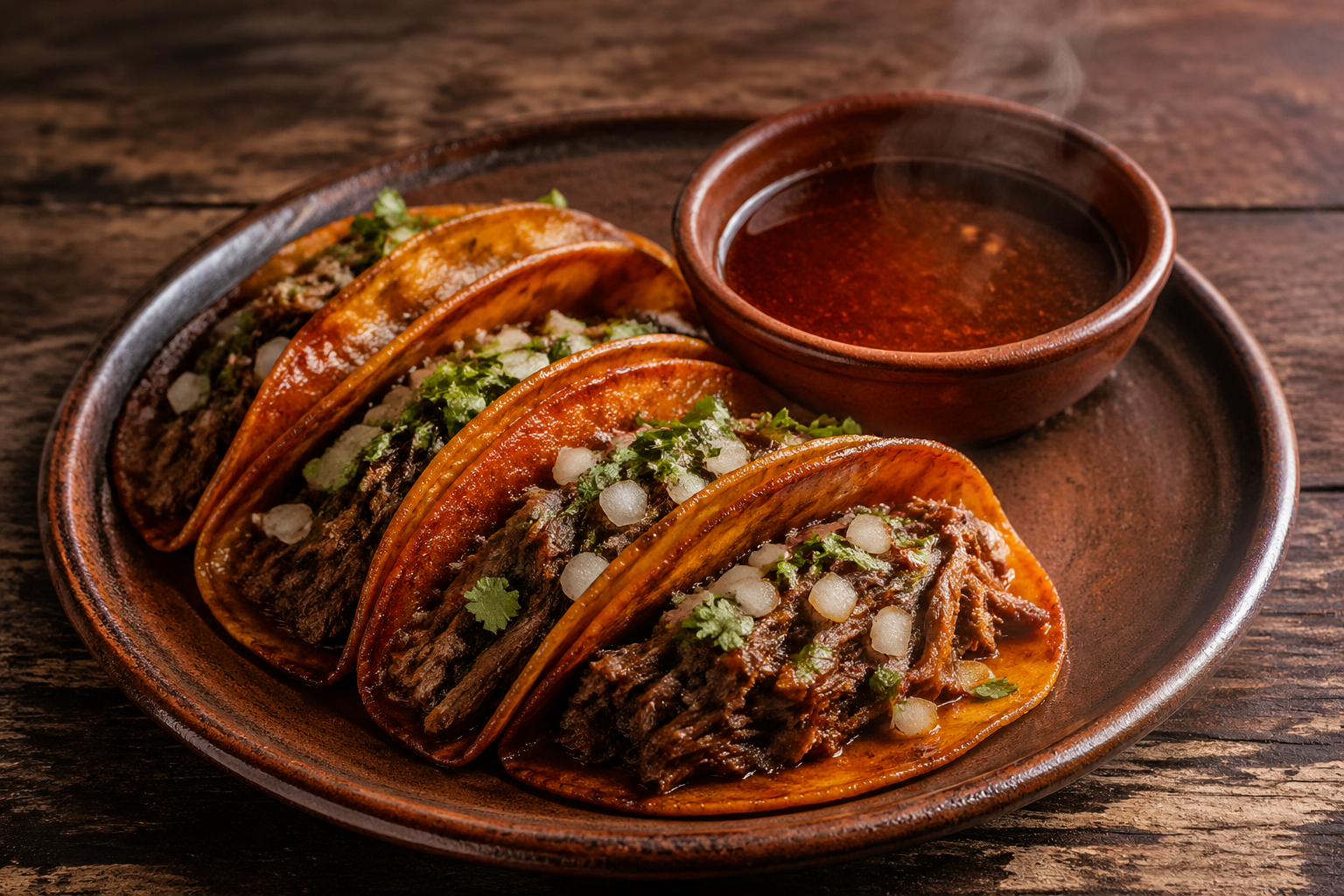 Goat Birria Tacos: Slow-Braised with Dried Chiles 1 Crispy red birria tacos filled with shredded goat meat served with a steaming bowl of dark chile consommé