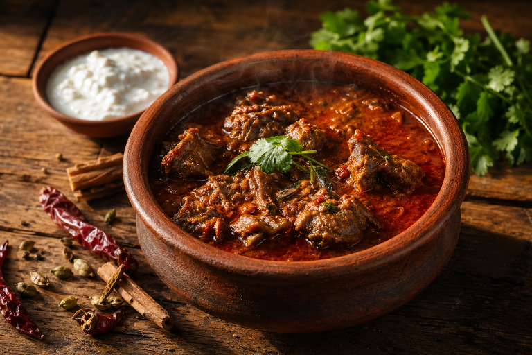 Steaming clay pot of rich red goat curry with whole spices scattered on a rustic wooden table