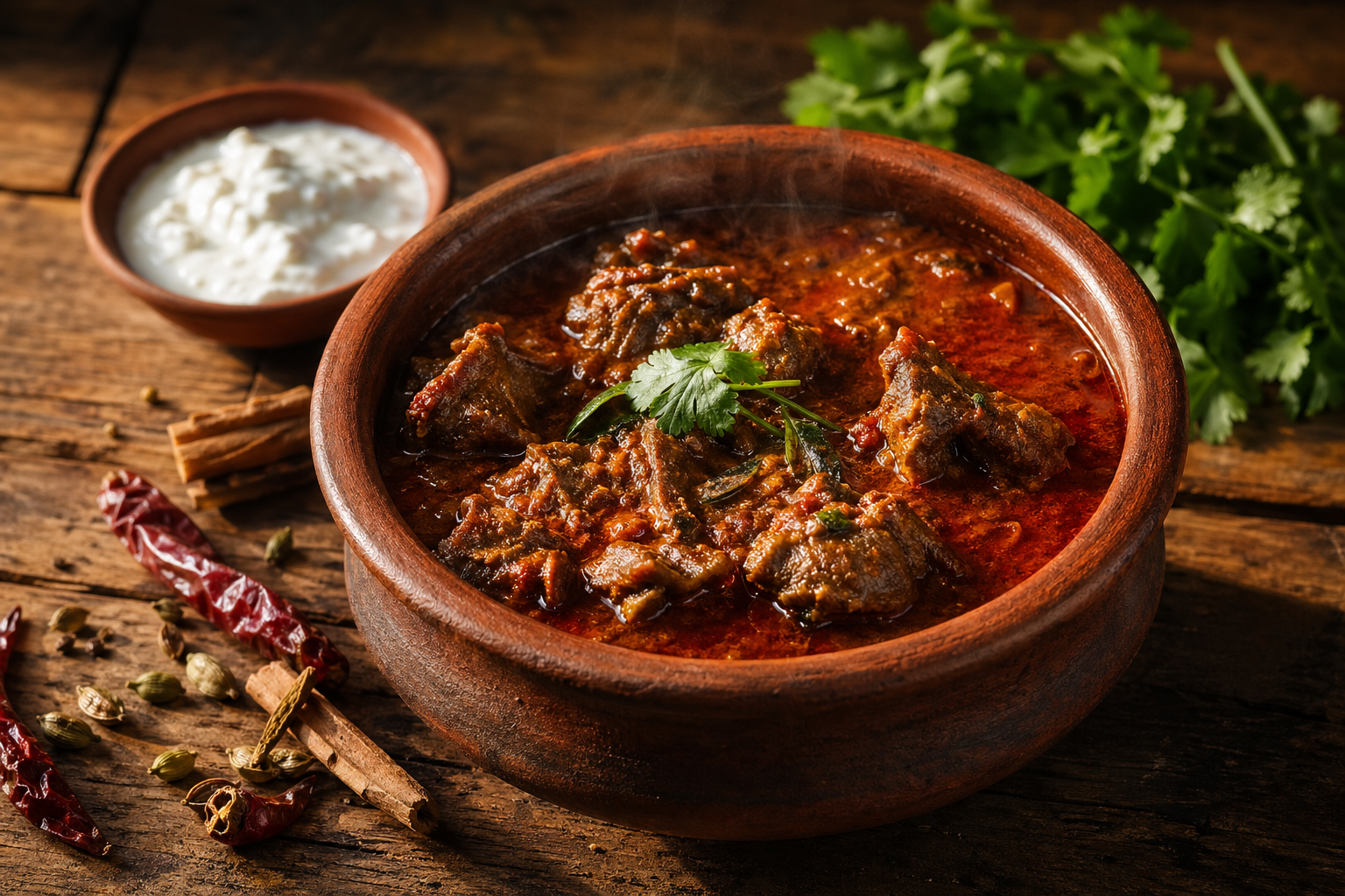 Steaming clay pot of rich red goat curry with whole spices scattered on a rustic wooden table
