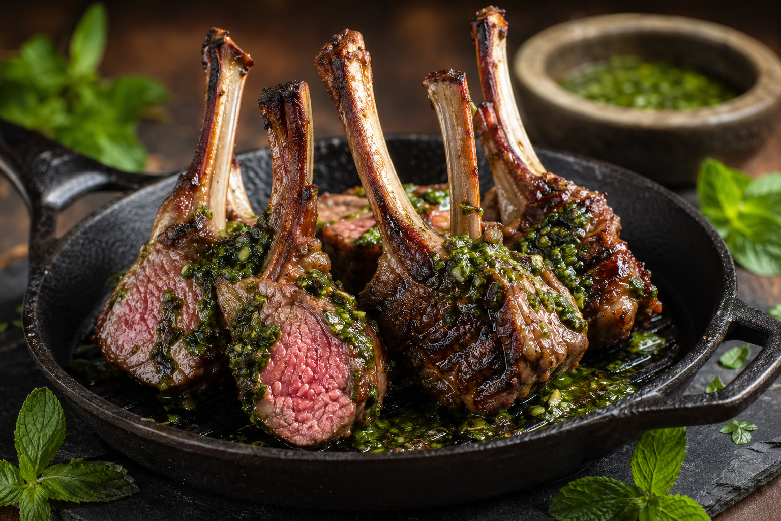 Grilled lamb rib chops with char marks on a slate board drizzled with bright green mint chimichurri sauce