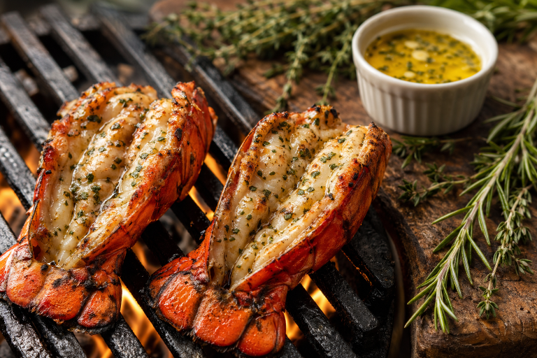 Butterflied grilled lobster tails on a cast iron grill with melted garlic herb butter and fresh herbs nearby
