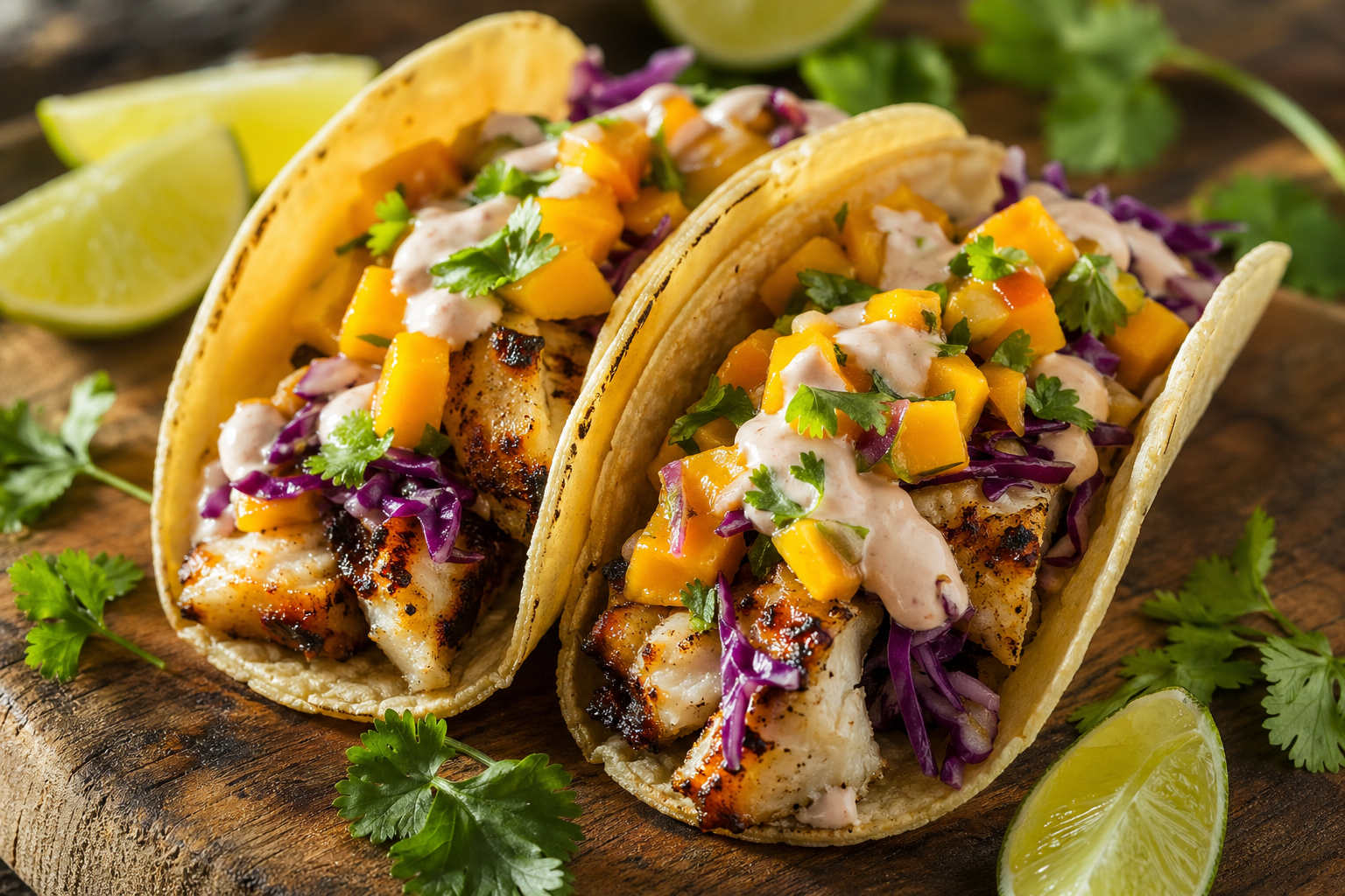 Grilled mahi-mahi tacos topped with mango salsa, purple cabbage slaw, and chipotle crema on a rustic wooden board
