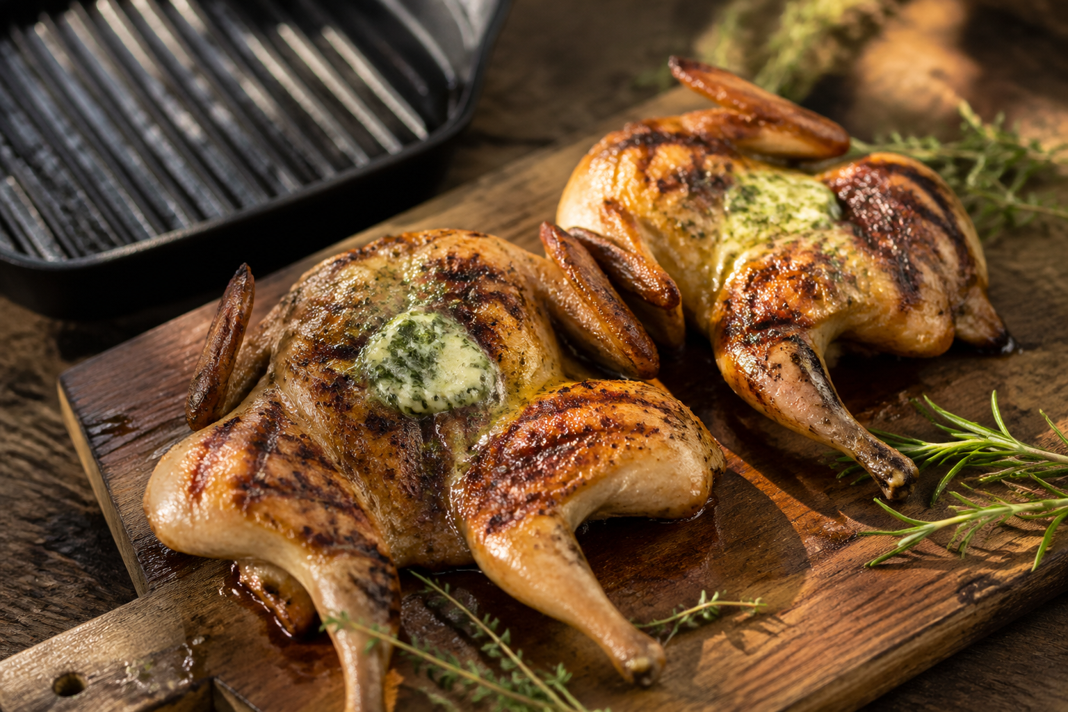 Two grilled butterflied quail on a wooden board topped with melting herb butter and fresh thyme sprigs