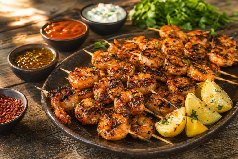 Grilled shrimp skewers with char marks on a rustic platter surrounded by dipping sauces, herbs, and lemon wedges