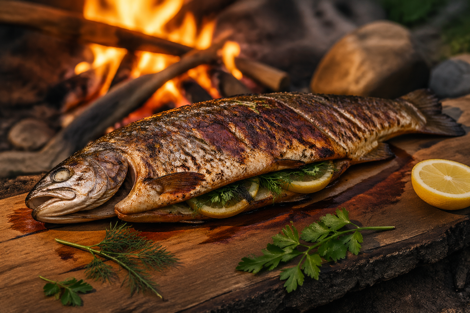 Whole grilled trout with crispy charred skin stuffed with lemon slices and fresh herbs on a rustic wooden plank
