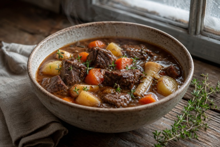 Steaming rustic bowl of hearty beef and root vegetable stew on a weathered wooden table with fresh thyme