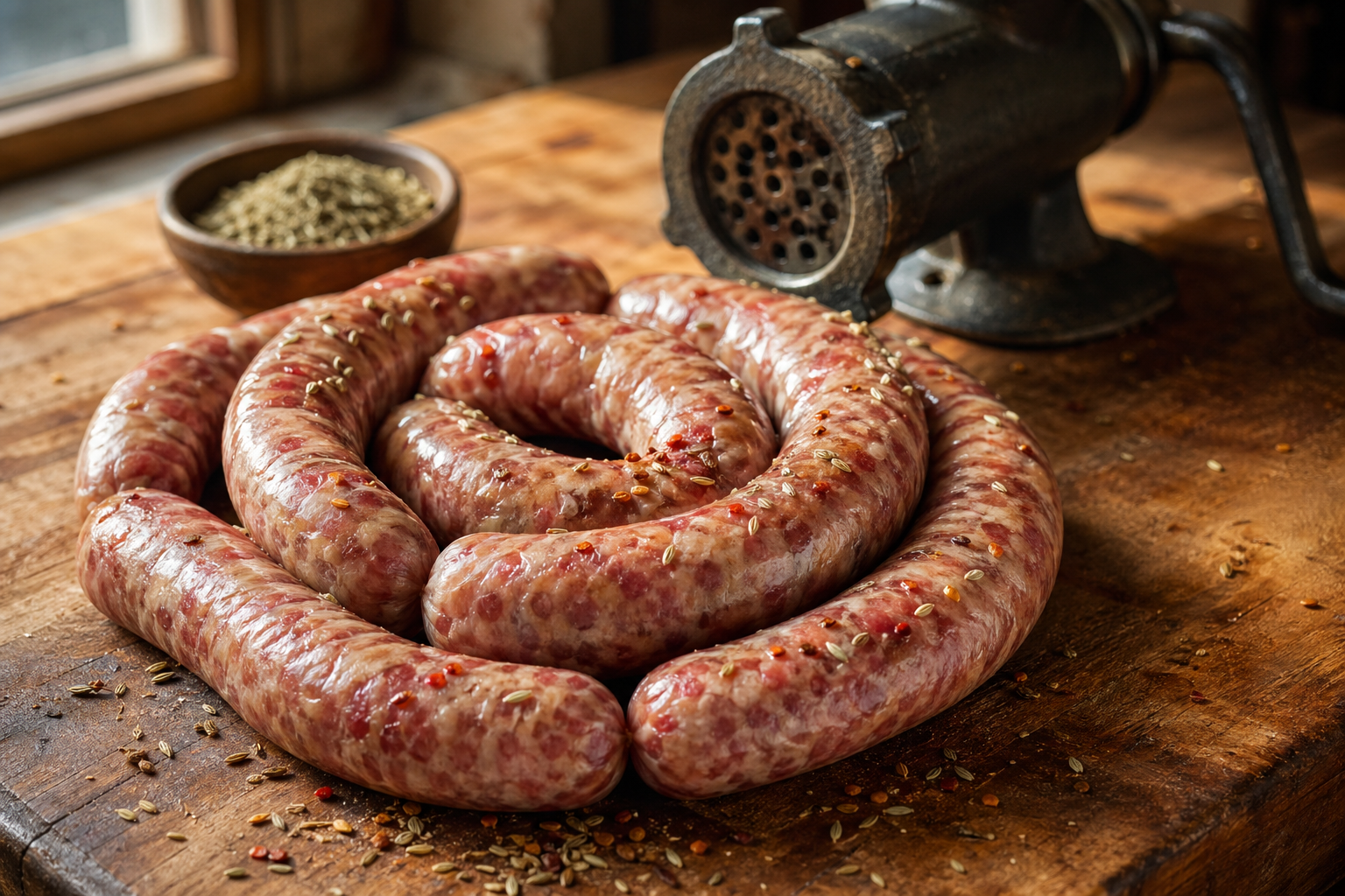 Freshly made homemade Italian sausage links coiled on a rustic butcher block with fennel seeds and a vintage meat grinder nearby