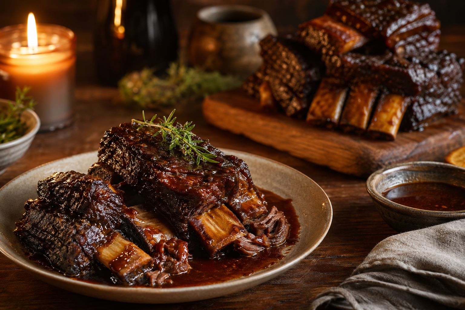 Braised beef short ribs with rich brown sauce on a rustic wooden table under warm candlelight