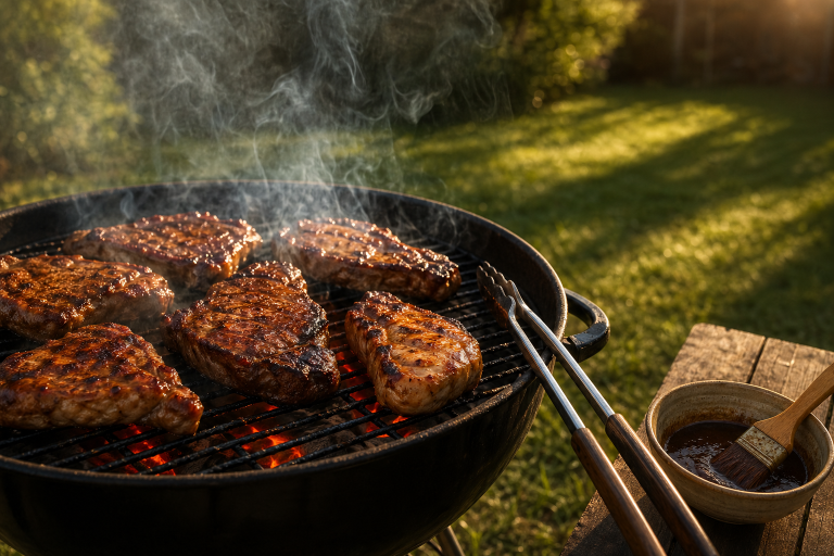 Charcoal grill with glowing coals and sizzling meat outdoors in warm golden hour sunlight