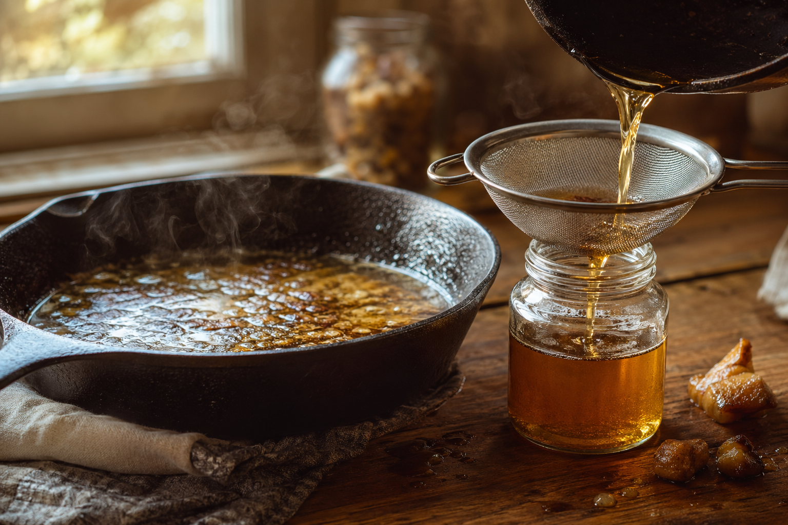 Cast iron skillet with rendered beef grease being strained into a small glass jar on a wooden kitchen counter