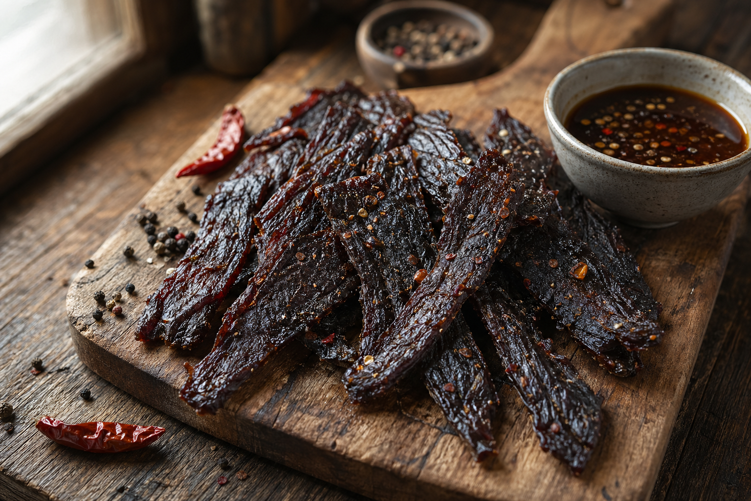 Strips of homemade beef jerky on a rustic wooden cutting board with a bowl of marinade and scattered spices nearby