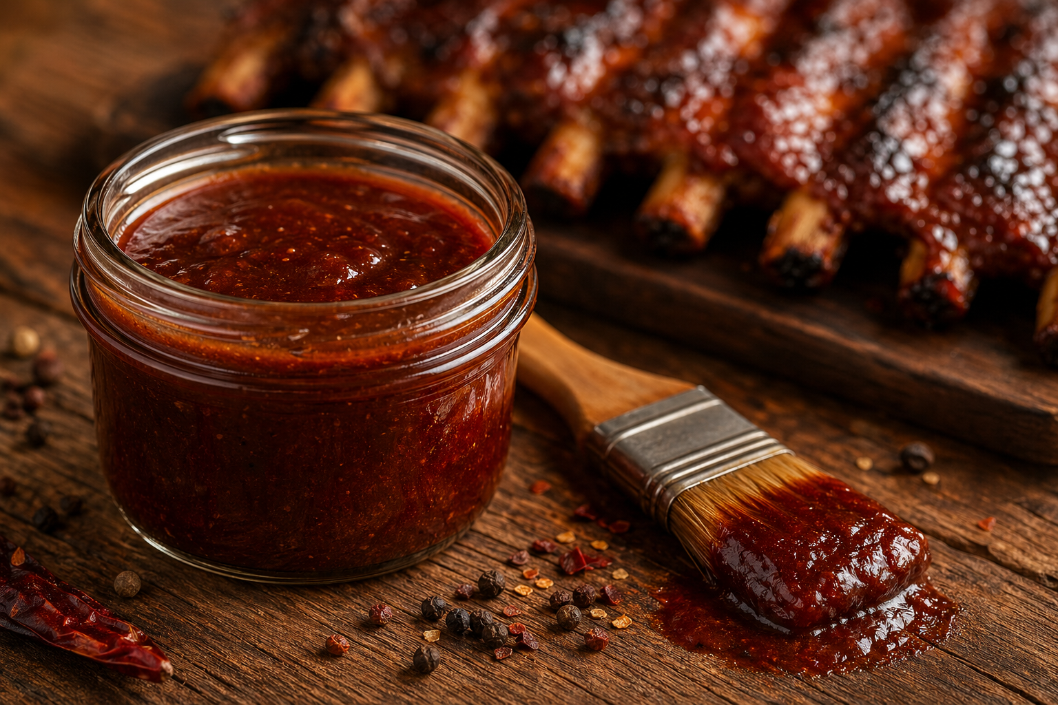 A jar of glossy deep red BBQ sauce with a glazed brush beside it and scattered spices on a rustic wooden table