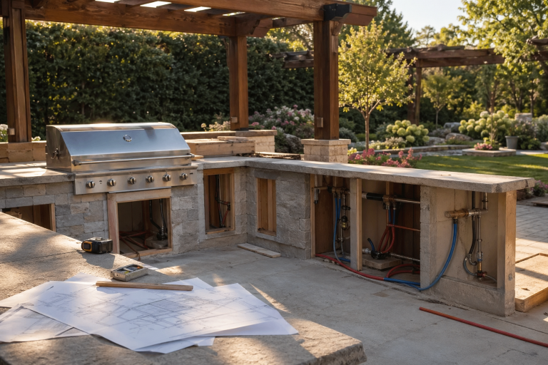 Partially built outdoor kitchen with exposed pipes, unfinished stone countertops, and construction tools scattered on a sunlit patio
