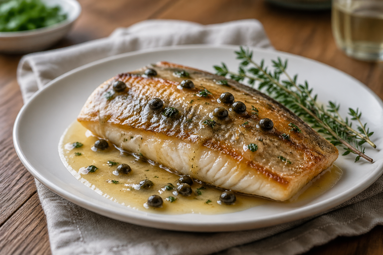 Crispy skin pan-roasted fish fillet on a white plate with white wine sauce and fried capers