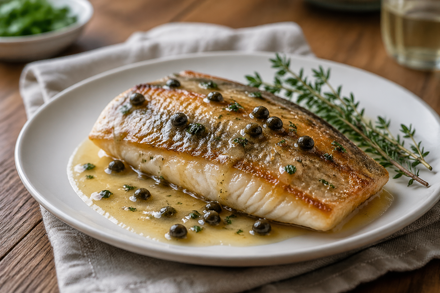 Crispy skin pan-roasted fish fillet on a white plate with white wine sauce and fried capers