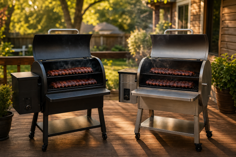 Two pellet grills open on a sunny backyard deck with racks of ribs cooking inside over glowing hardwood pellets