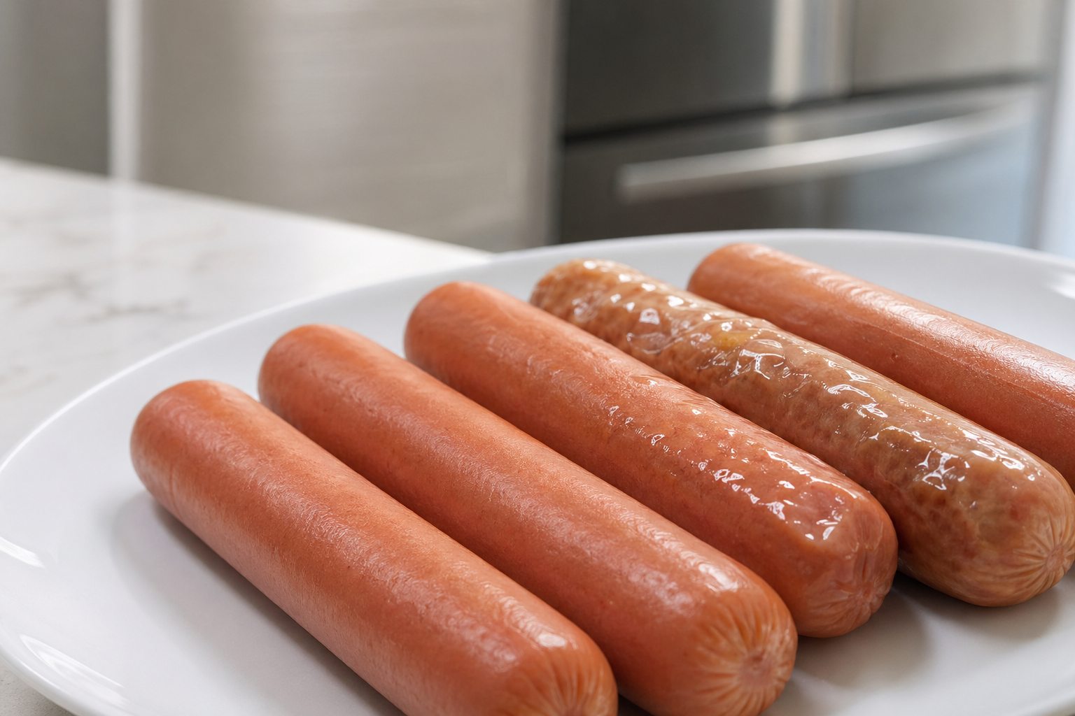 Close-up of hot dogs on a white plate with one visibly slimy and glistening compared to fresh ones nearby