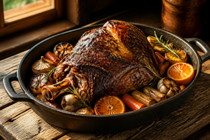 Slow-roasted wild boar shoulder in a cast iron pan with garlic, rosemary, and citrus on a rustic wooden table