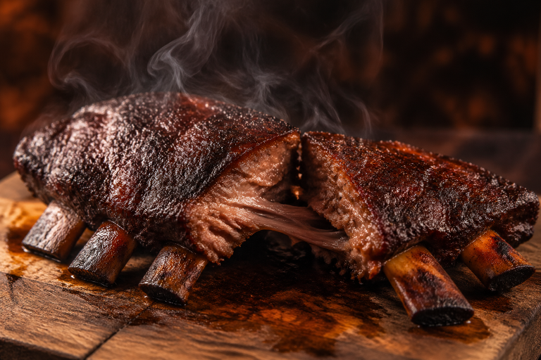 Smoked bison short ribs with a dark coffee bark crust on a wooden board, one rib pulled back to reveal tender meat