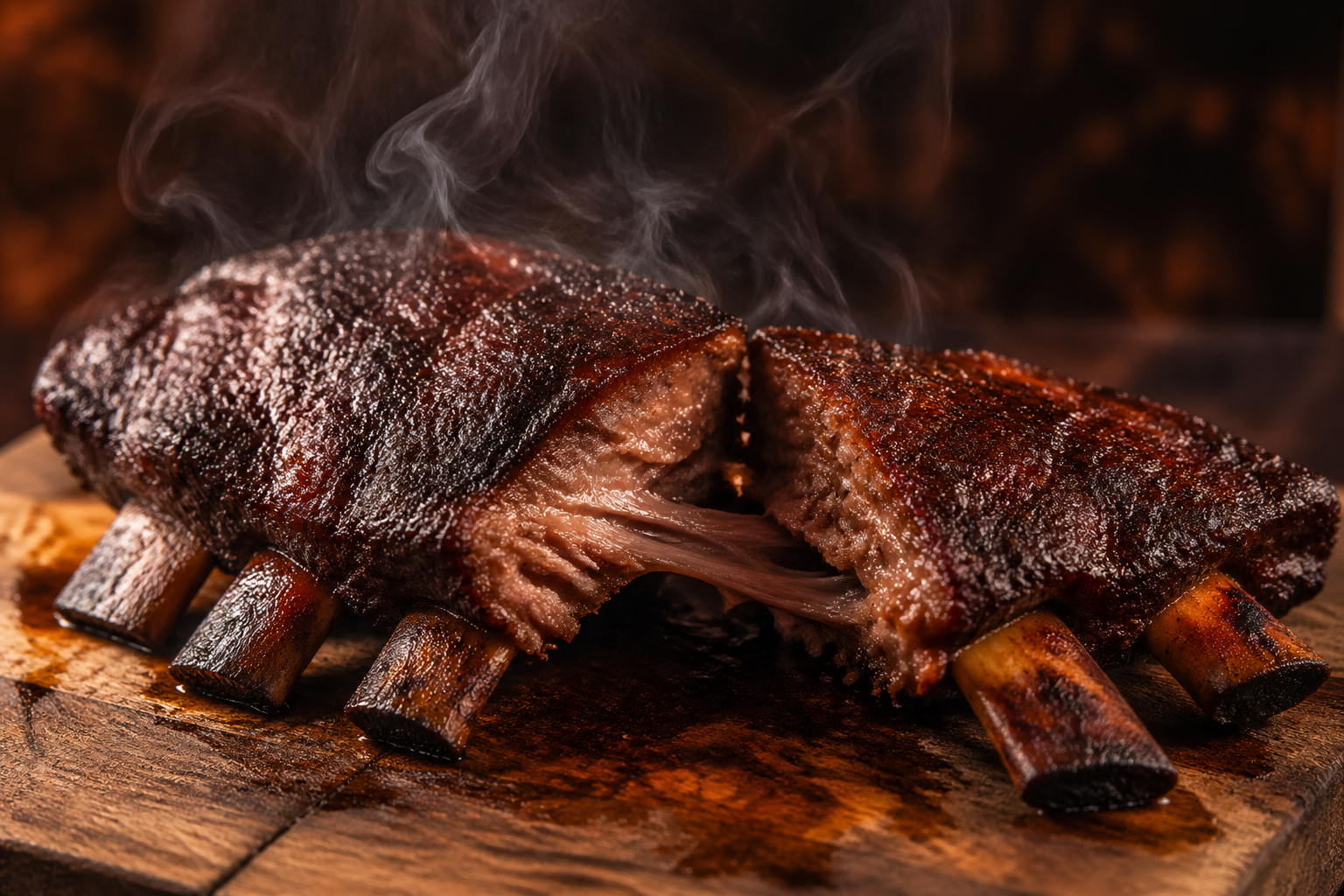 Smoked bison short ribs with a dark coffee bark crust on a wooden board, one rib pulled back to reveal tender meat
