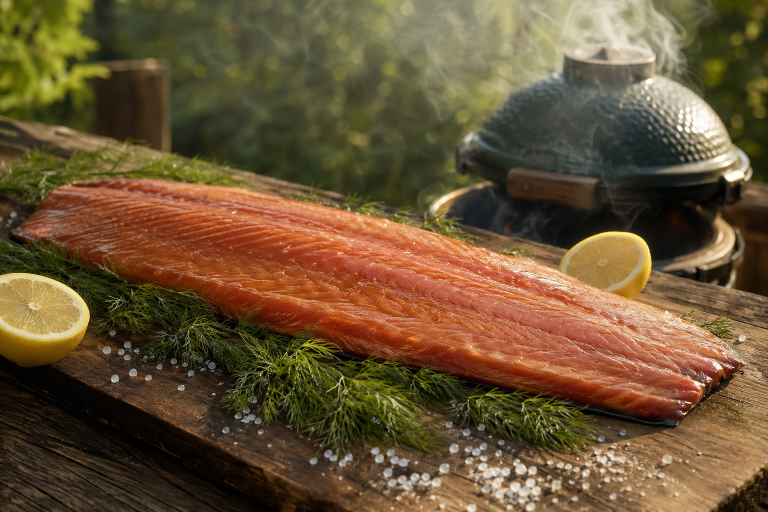 Glistening smoked salmon fillet on a rustic wooden board with fresh dill, lemon, and coarse sea salt