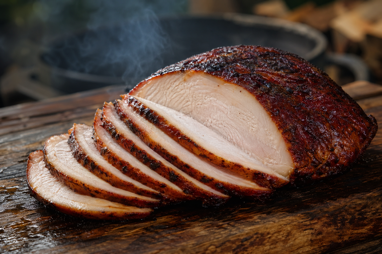 Sliced smoked turkey breast with a deep mahogany crust on a rustic wooden cutting board with wisps of smoke in the background