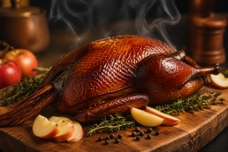 Whole smoked pheasant with mahogany skin resting on a rustic wooden board surrounded by apple slices and fresh herbs