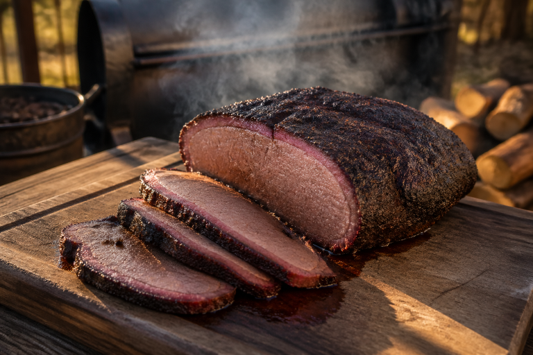 Sliced smoked venison roast with dark bark and smoke ring on a wooden cutting board in warm outdoor light