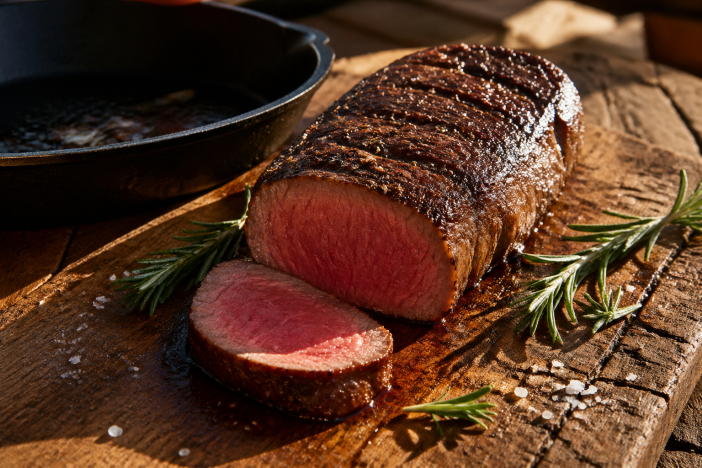 Sliced grilled venison backstrap with a rosy medium-rare center resting on a rustic wooden cutting board with fresh herbs