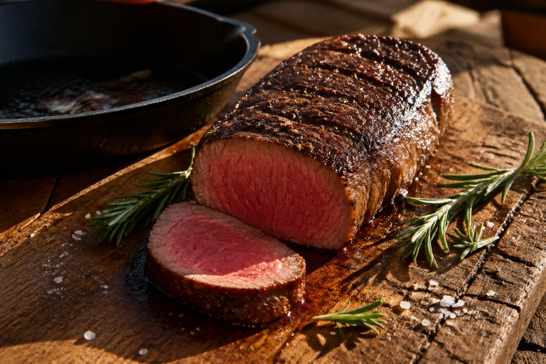 Sliced grilled venison backstrap with a rosy medium-rare center resting on a rustic wooden cutting board with fresh herbs