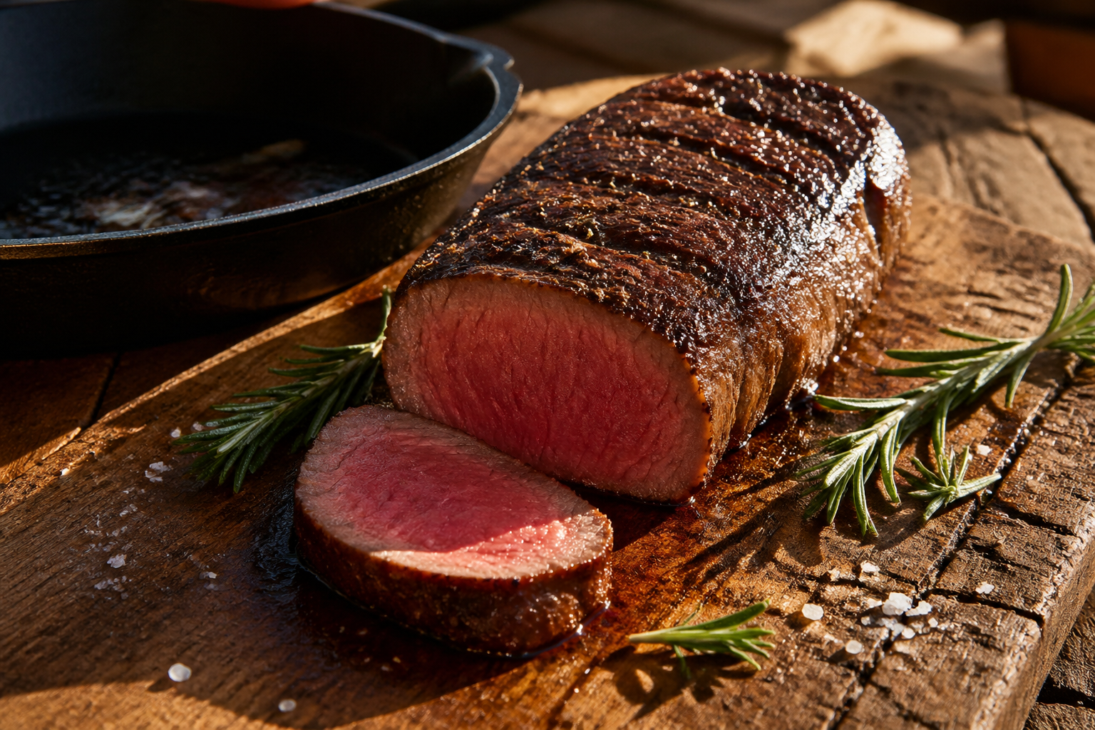 Sliced grilled venison backstrap with a rosy medium-rare center resting on a rustic wooden cutting board with fresh herbs