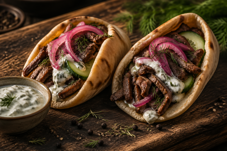 Two venison gyro pitas on a rustic wooden board topped with tzatziki, pink pickled onions, and fresh dill