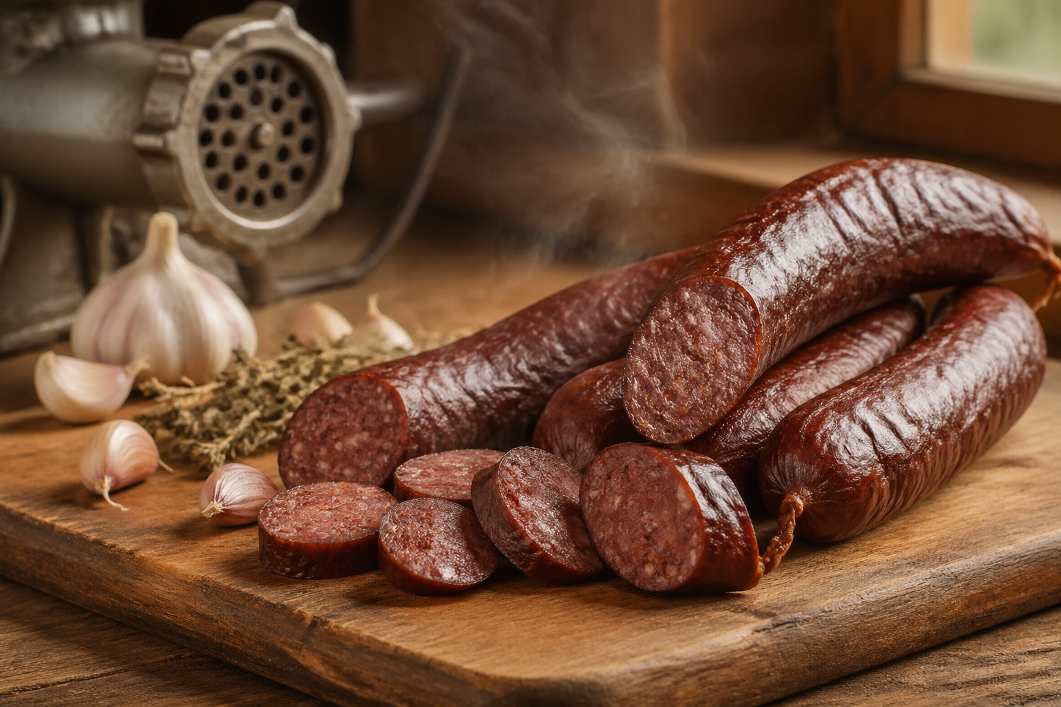 Sliced smoked venison kielbasa links on a rustic wooden cutting board with garlic cloves and dried herbs nearby