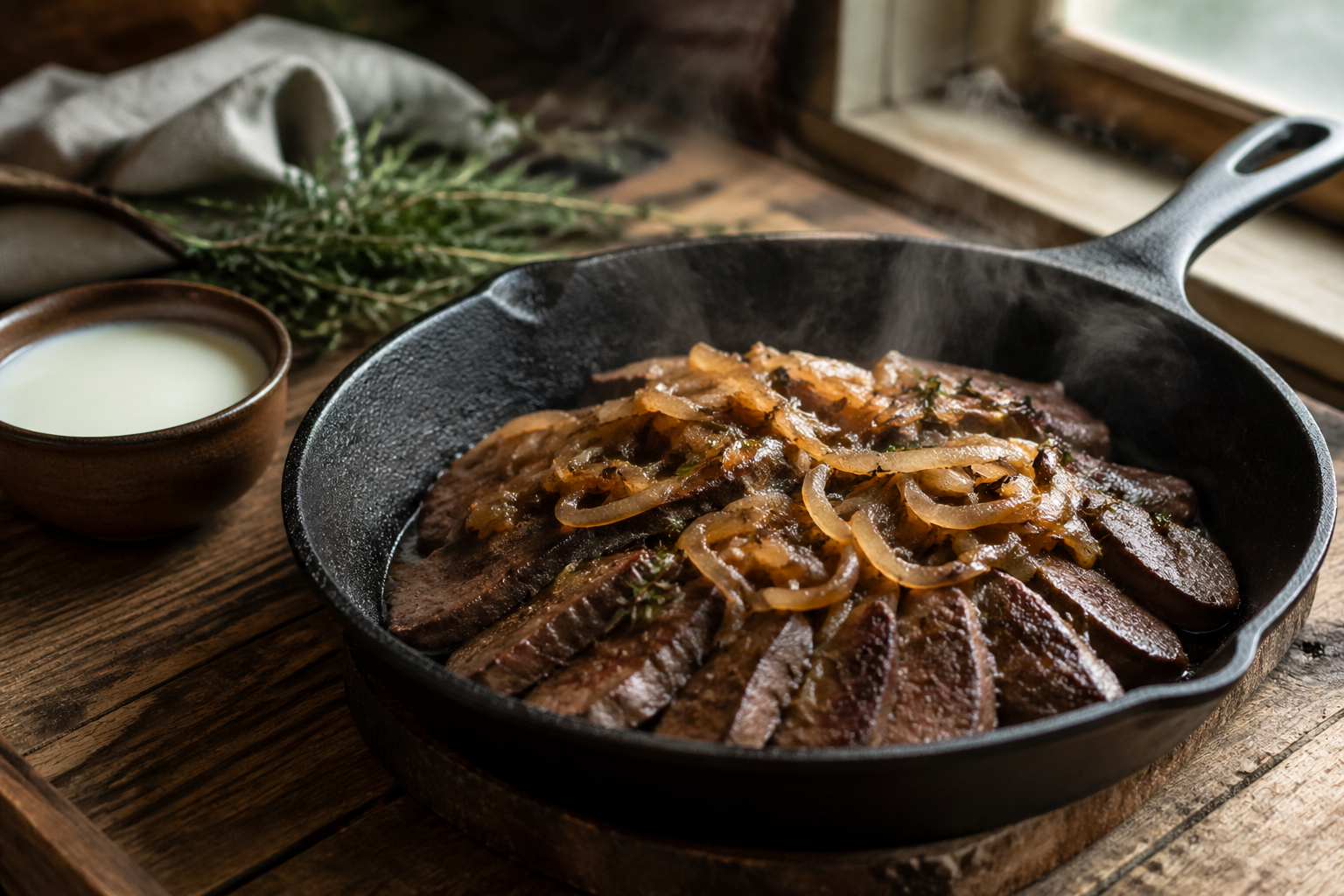 Seared venison liver with caramelized onions in a cast iron skillet on a rustic wooden table