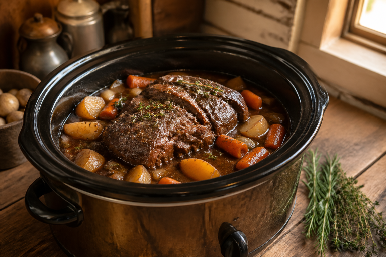 Venison Pot Roast in the Slow Cooker: Set It and Forget It 11 A slow cooker filled with fork-tender venison pot roast surrounded by root vegetables in rich broth on a rustic wooden counter