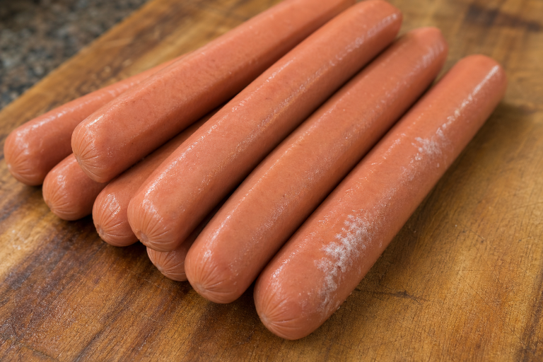 Close-up of raw hot dogs on a wooden cutting board with visible white residue on the surface of one sausage