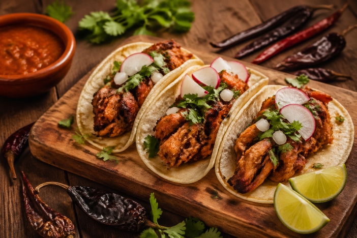 Rustic street tacos filled with crispy shredded wild turkey carnitas garnished with cilantro, onion, and lime on a wooden board