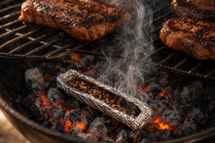 Aluminum foil tube filled with wood pellets resting on glowing charcoal coals inside a grill with smoke rising