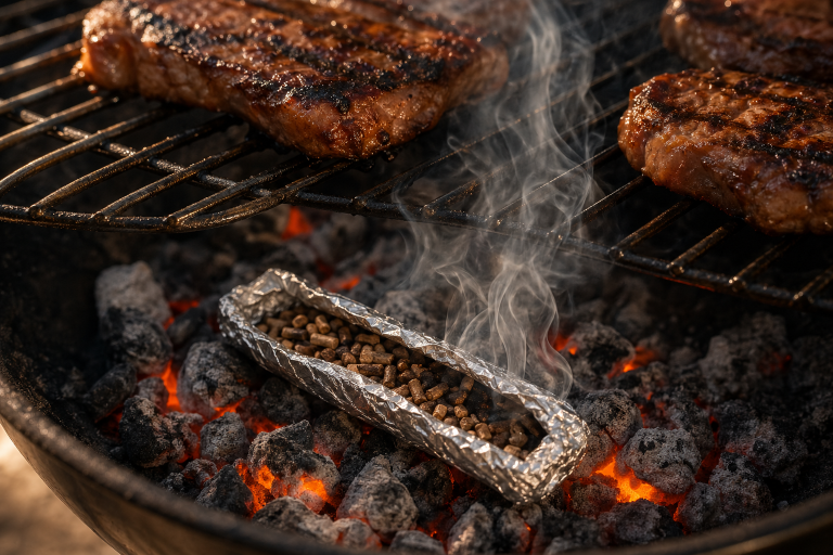 Aluminum foil tube filled with wood pellets resting on glowing charcoal coals inside a grill with smoke rising