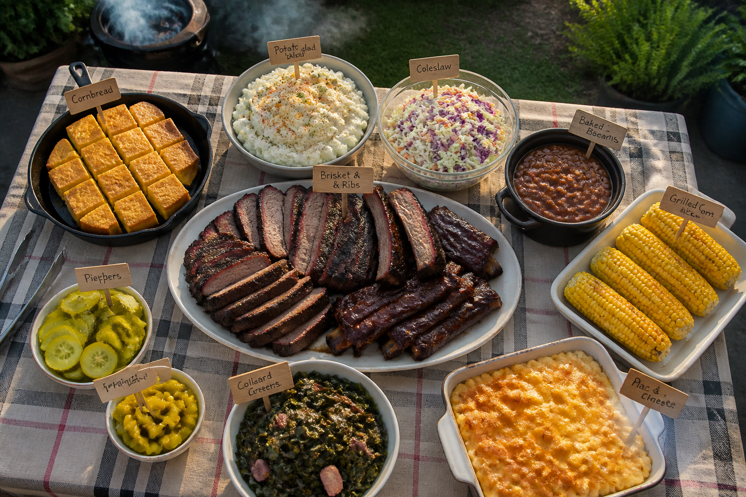 15 BBQ Party Setup Ideas for Your Backyard 26 Complete BBQ spread with brisket, ribs, cornbread, potato salad, coleslaw, and classic sides